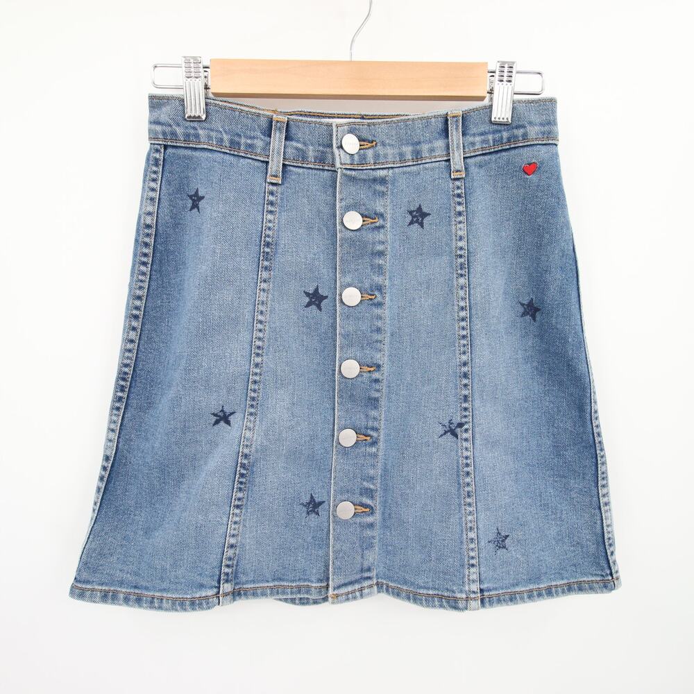 SUNDRY Denim Skirt Blue Mini Red Stars Button Front Casual Pleated A Line 25